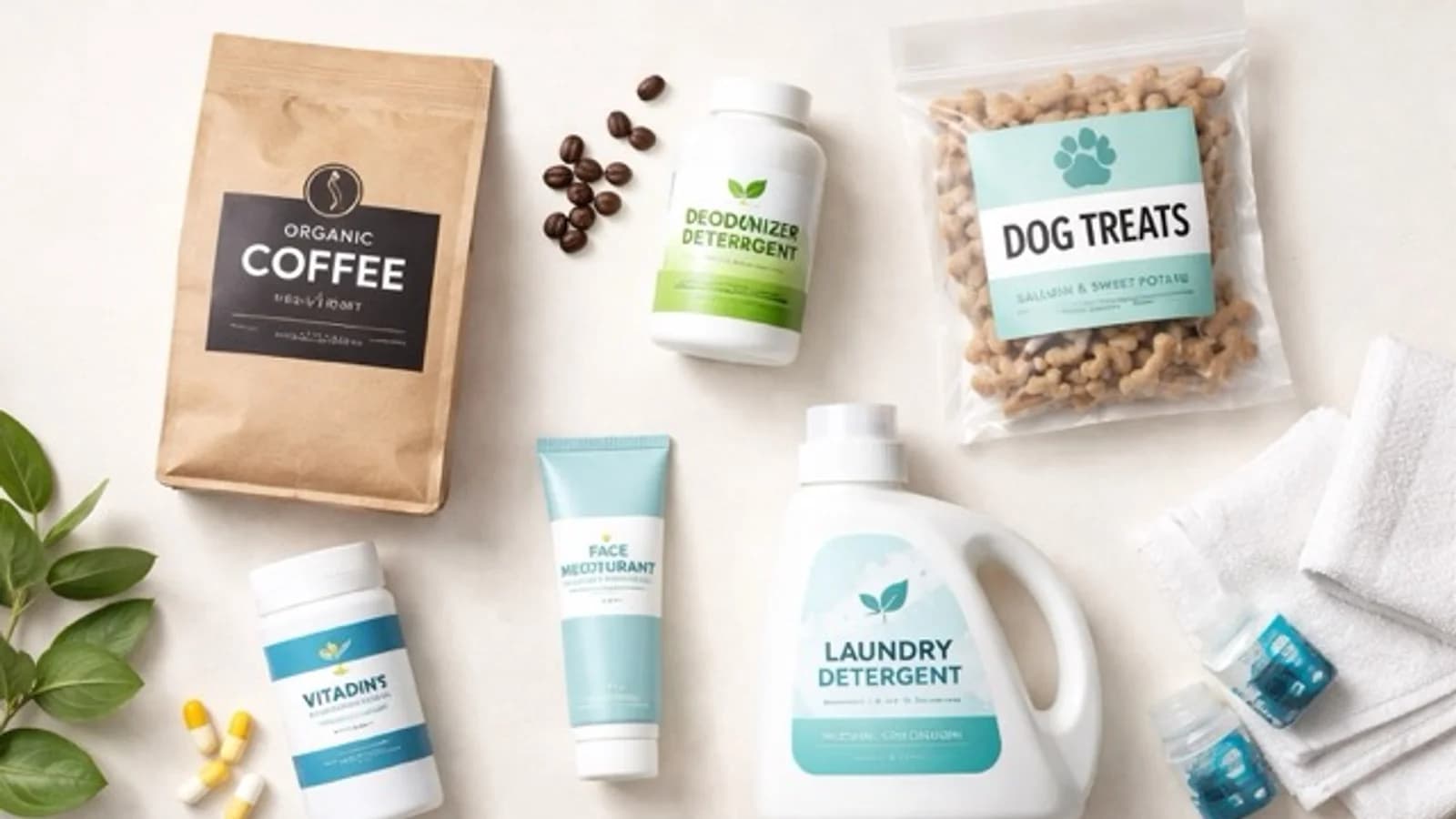 Flat lay of popular subscription products including coffee, vitamins, face moisturizer, laundry detergent, and dog treats