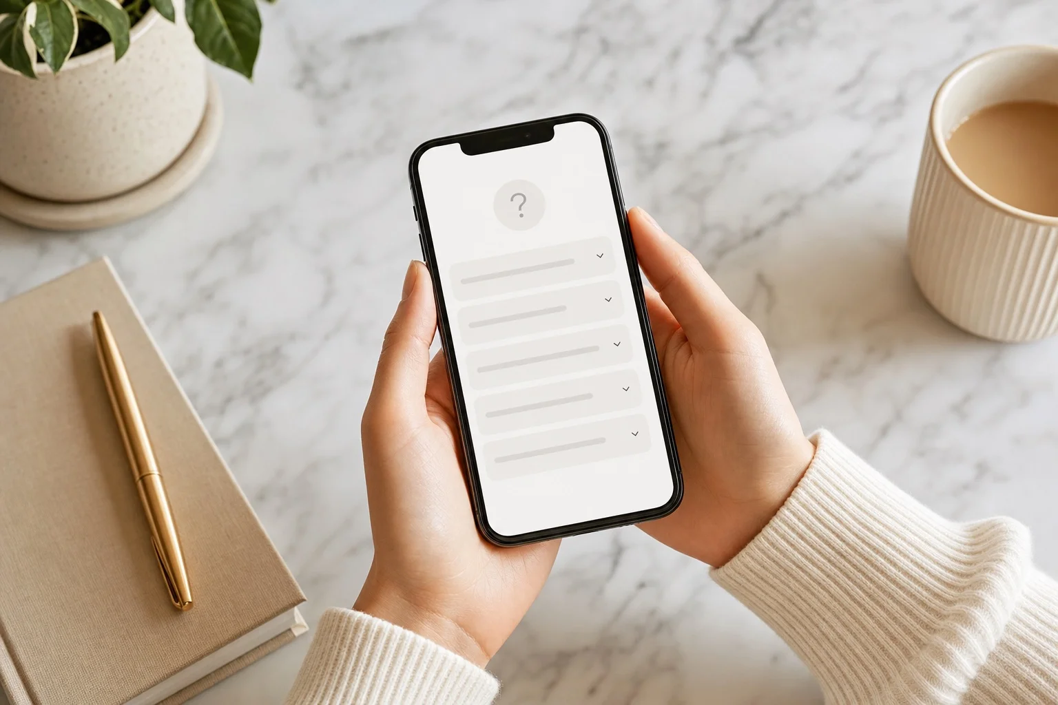 FAQ section illustration showing a Shopify merchant reading answers to common subscription questions on their phone