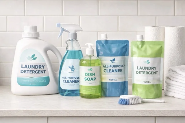 Laundry room counter with detergent, cleaning spray, dish soap, refill pouches, and paper towels — household subscription essentials
