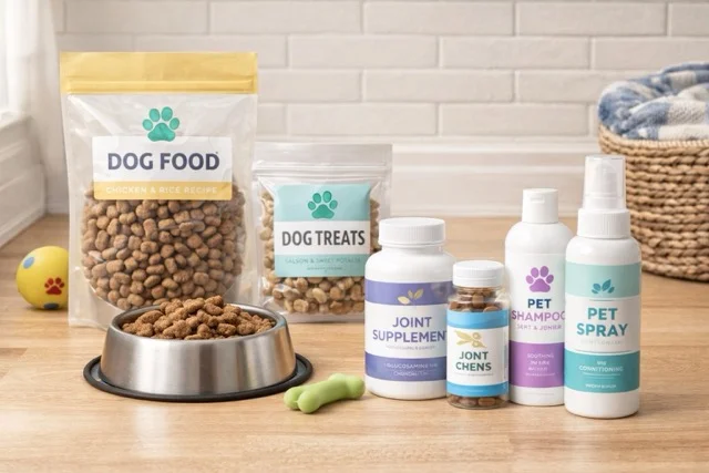 Pet care subscription products including dog food, treats, joint supplements, shampoo, and grooming spray