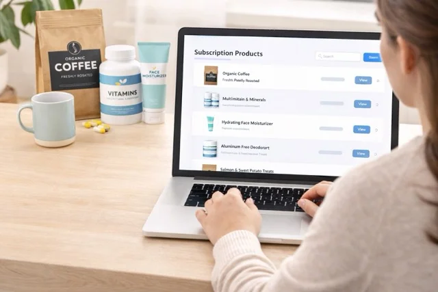 Merchant reviewing subscription products on a laptop with physical products on the desk