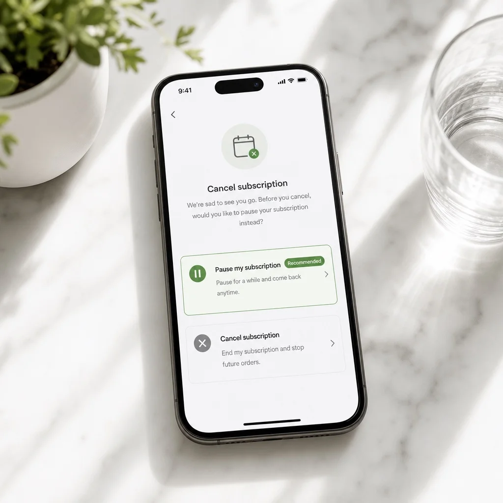 A smartphone screen on white marble showing a subscription cancellation screen with two option buttons — "Pause my subscription" highlighted in green and "Cancel subscription" in grey below it — clean minimal UI, soft natural window light, no brand names