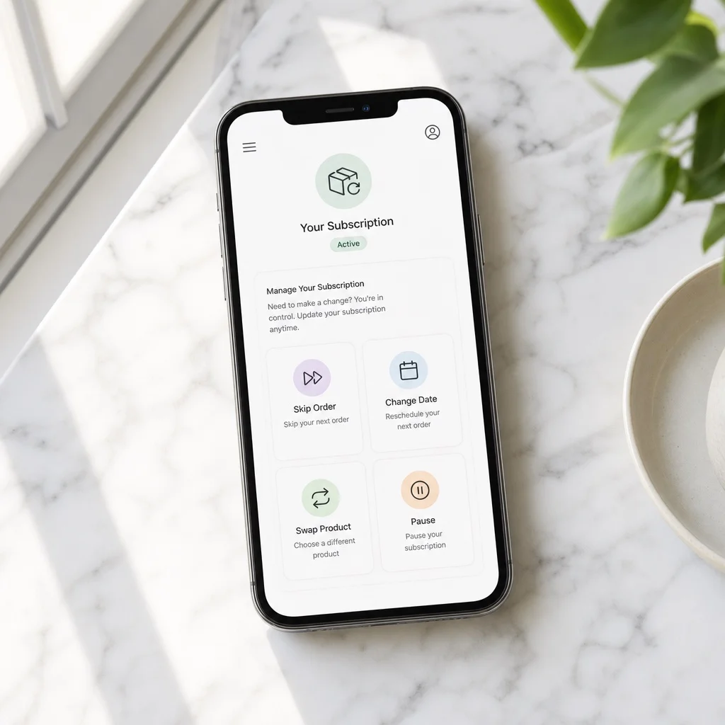 A smartphone on white marble showing a subscription self-serve portal with four action tiles in a grid — Skip Order, Change Date, Swap Product, Pause — clean minimal interface, soft natural window light, no brand names