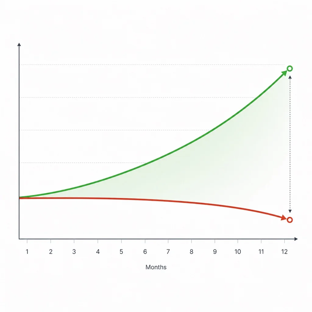 A clean line graph on white background showing two subscription business trajectories over 12 months — a "High churn" line declining and a "Low churn" line growing — with the widening gap labeled "Compounding advantage," minimal editorial infographic, no brand names