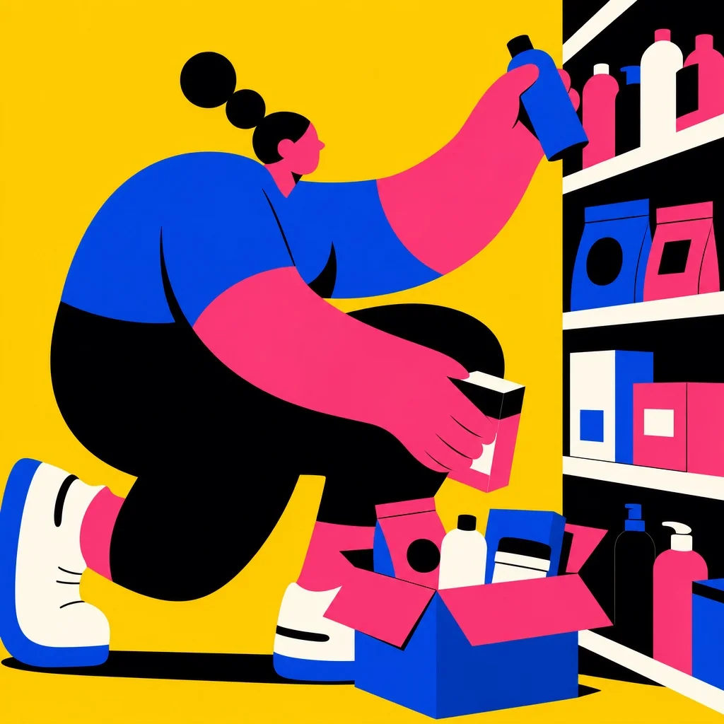 Abstract stylized figure carefully selecting products from shelves for a subscription box, bold flat illustration on bright yellow background