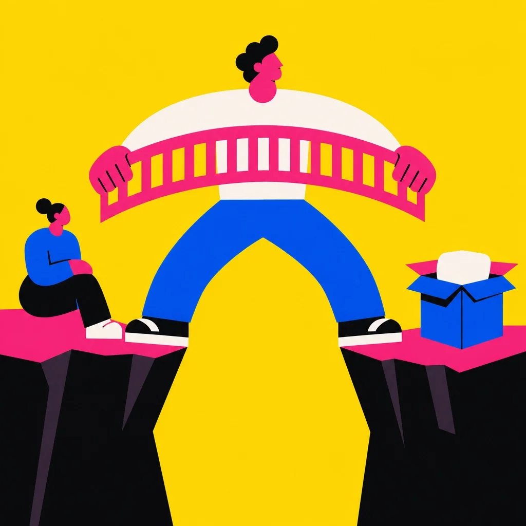 Abstract stylized figure holding a subscriber relationship together like a bridge, bold flat illustration on bright yellow background