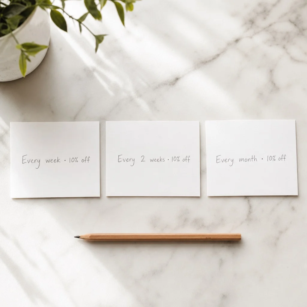 A flatlay of three white index cards on marble in a row, each showing a simple hand-drawn subscription frequency option — weekly, monthly, every 2 months — with discount percentages noted in pencil, soft editorial light