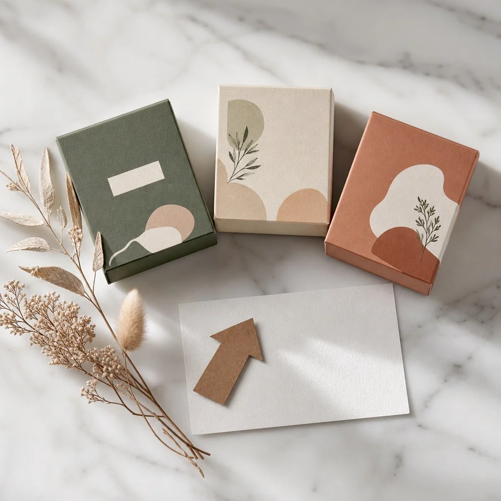 An overhead flatlay on white marble showing three product boxes with a small arrow card pointing from a "subscription plan" paper to each box, minimal composition, soft natural window light