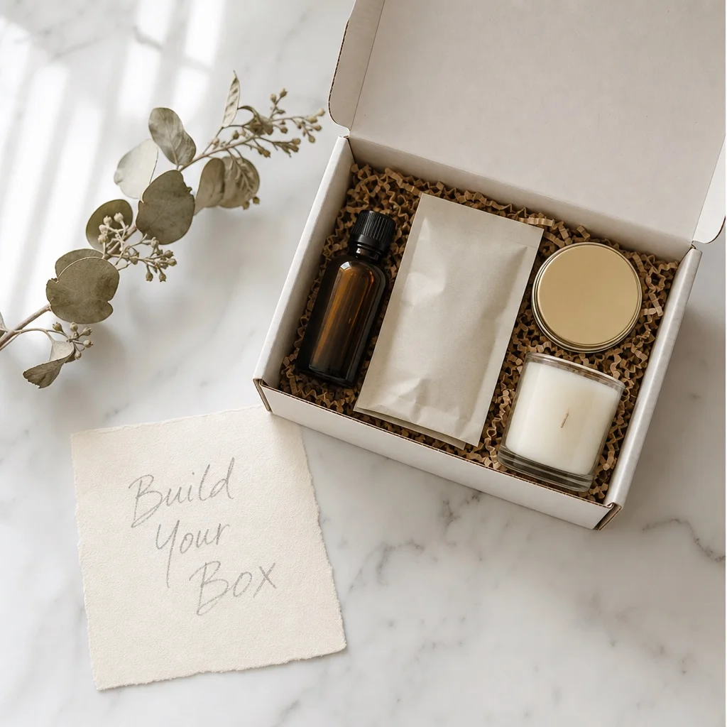 A small open subscription box on white marble with four different product items inside — an amber glass bottle, a folded sachet, a sample tin, and a mini candle — with a handwritten Build Your Box card beside it, soft natural window light