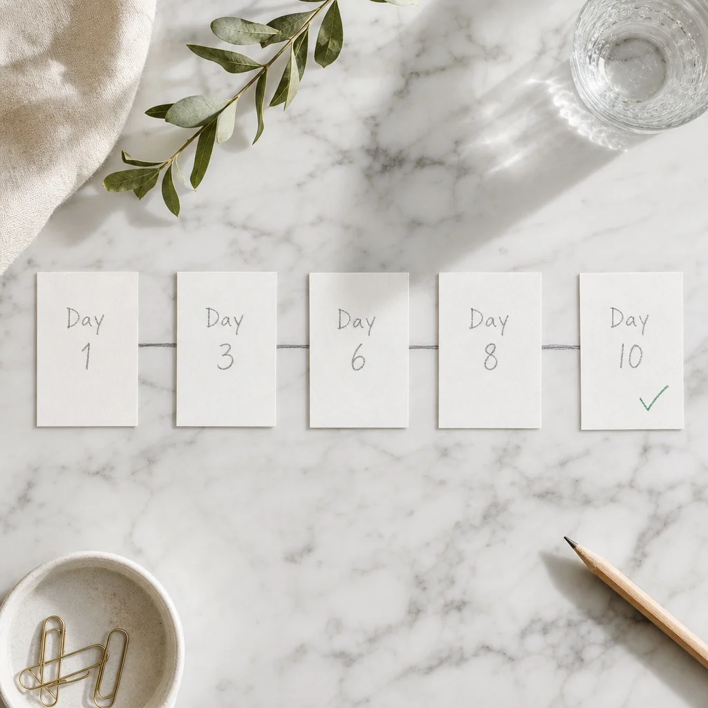 A horizontal row of five small white cards on white marble connected like a timeline, each with a day number in pencil — Day 1, Day 3, Day 6, Day 8 — the last card with a small green checkmark, soft natural window light