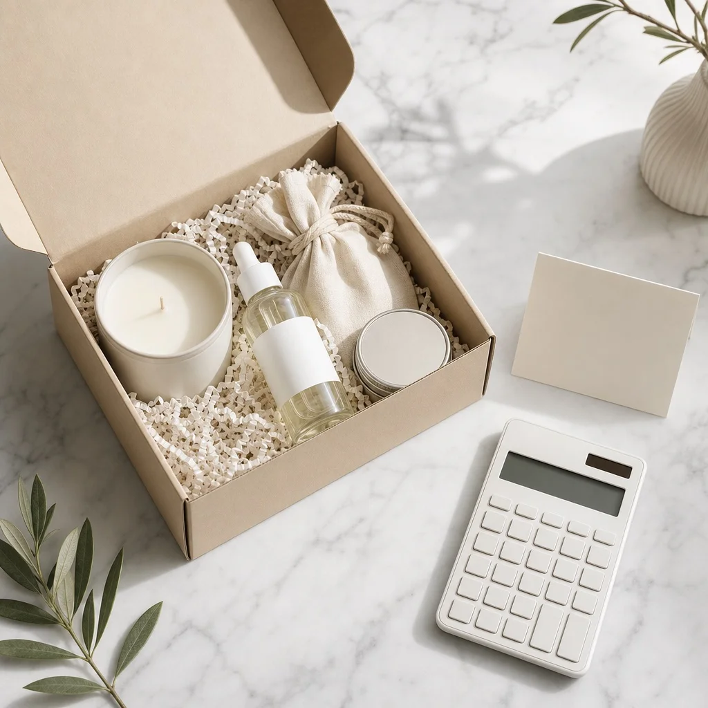Subscription box product samples arranged for pricing research with a cost breakdown notebook and calculator nearby