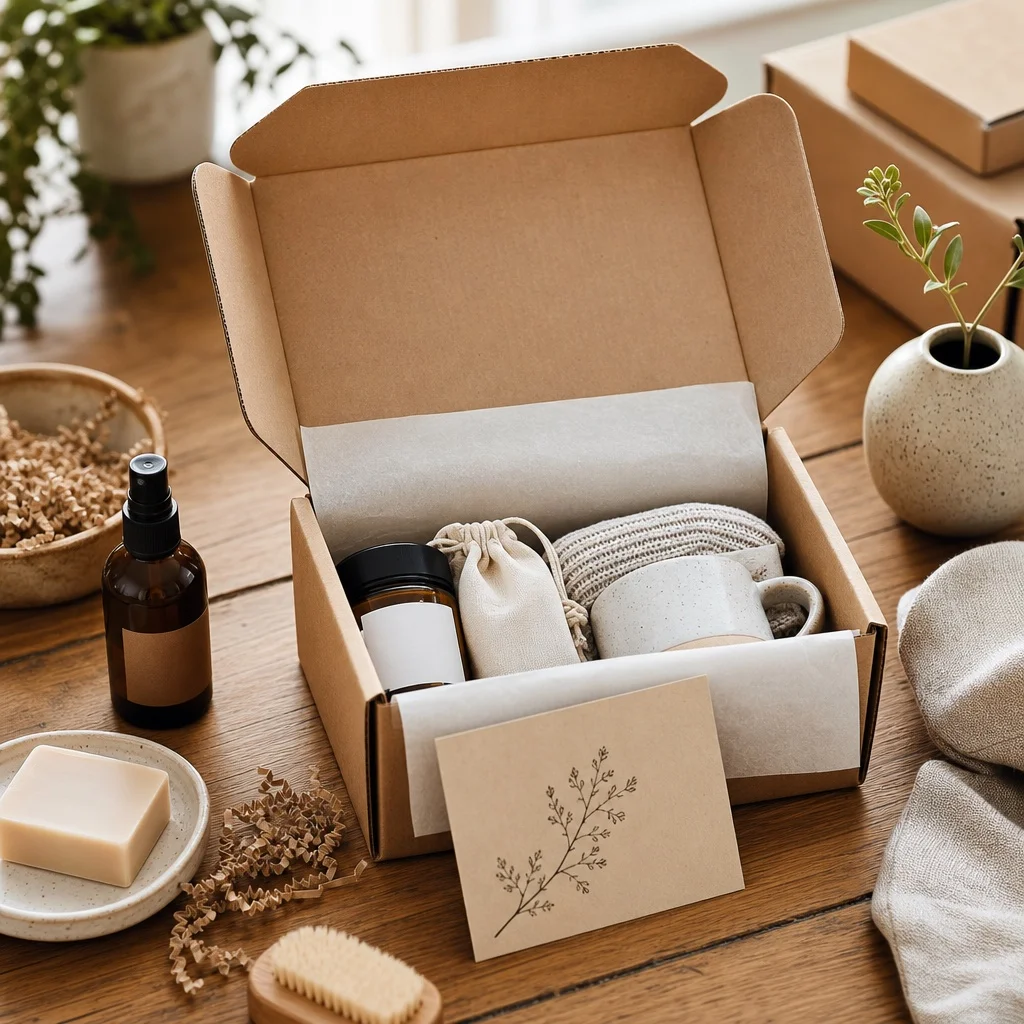 Subscription box products being curated and sorted on a wooden table with small kraft boxes, tissue paper, and an insert card being written by hand