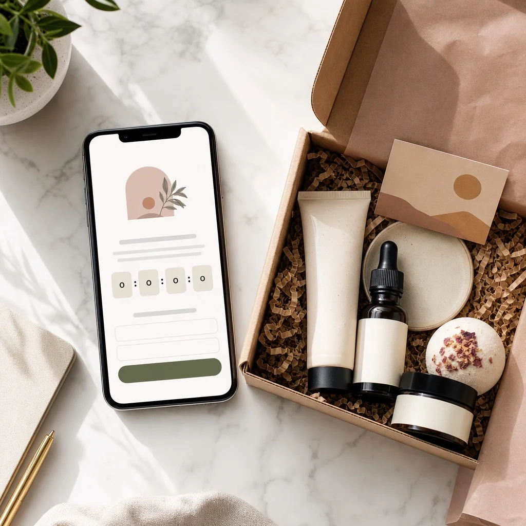 A flatlay of subscription box launch marketing materials including a pre-sale landing page on a tablet and product samples