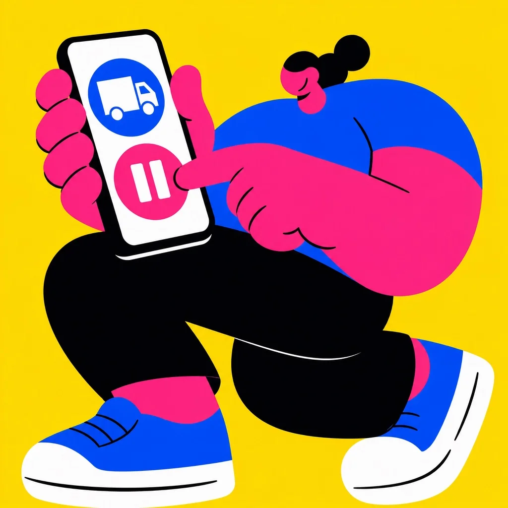 Subscription customer using a self-service portal on their phone, flat illustration style yellow background