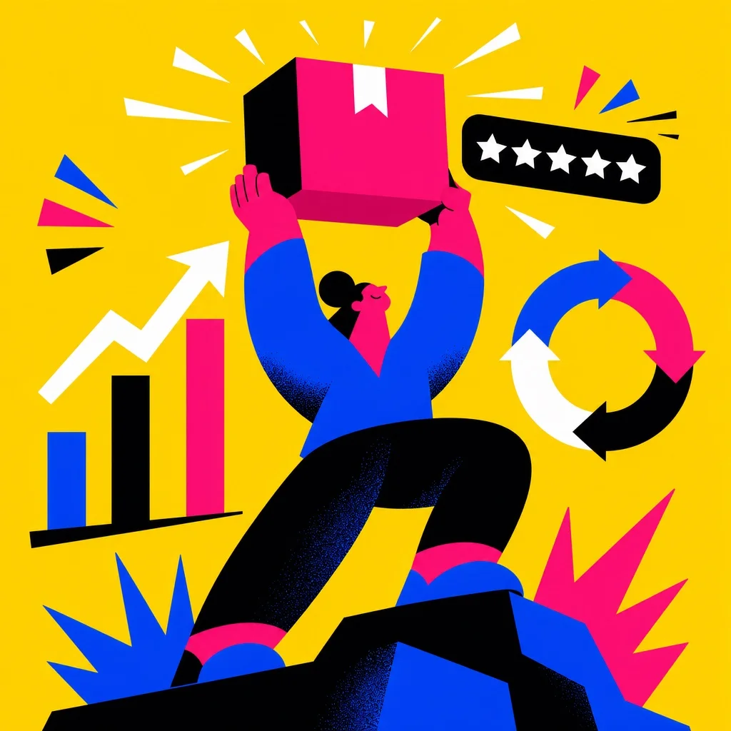 Chunky bold figure holding a glowing subscription box with 5-star rating and growth charts on yellow background