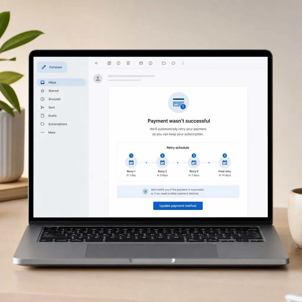 A minimal email interface on a laptop showing an automated failed payment recovery notification with a clear retry schedule and payment update link