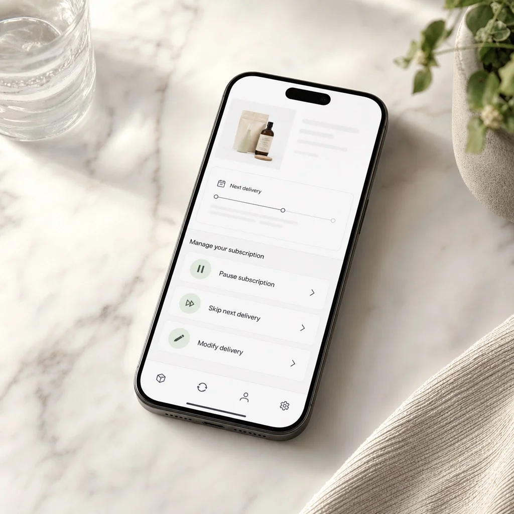 A smartphone on a clean marble surface displaying a fully branded subscription management portal with options to pause, skip, or modify a subscription