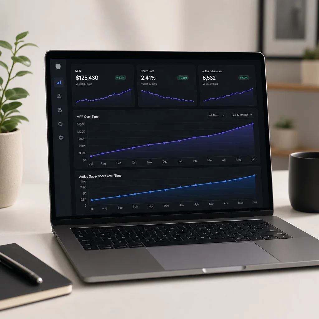 A minimalist analytics report on a laptop showing subscription business metrics including MRR trend, churn rate percentage, and active subscriber growth over time