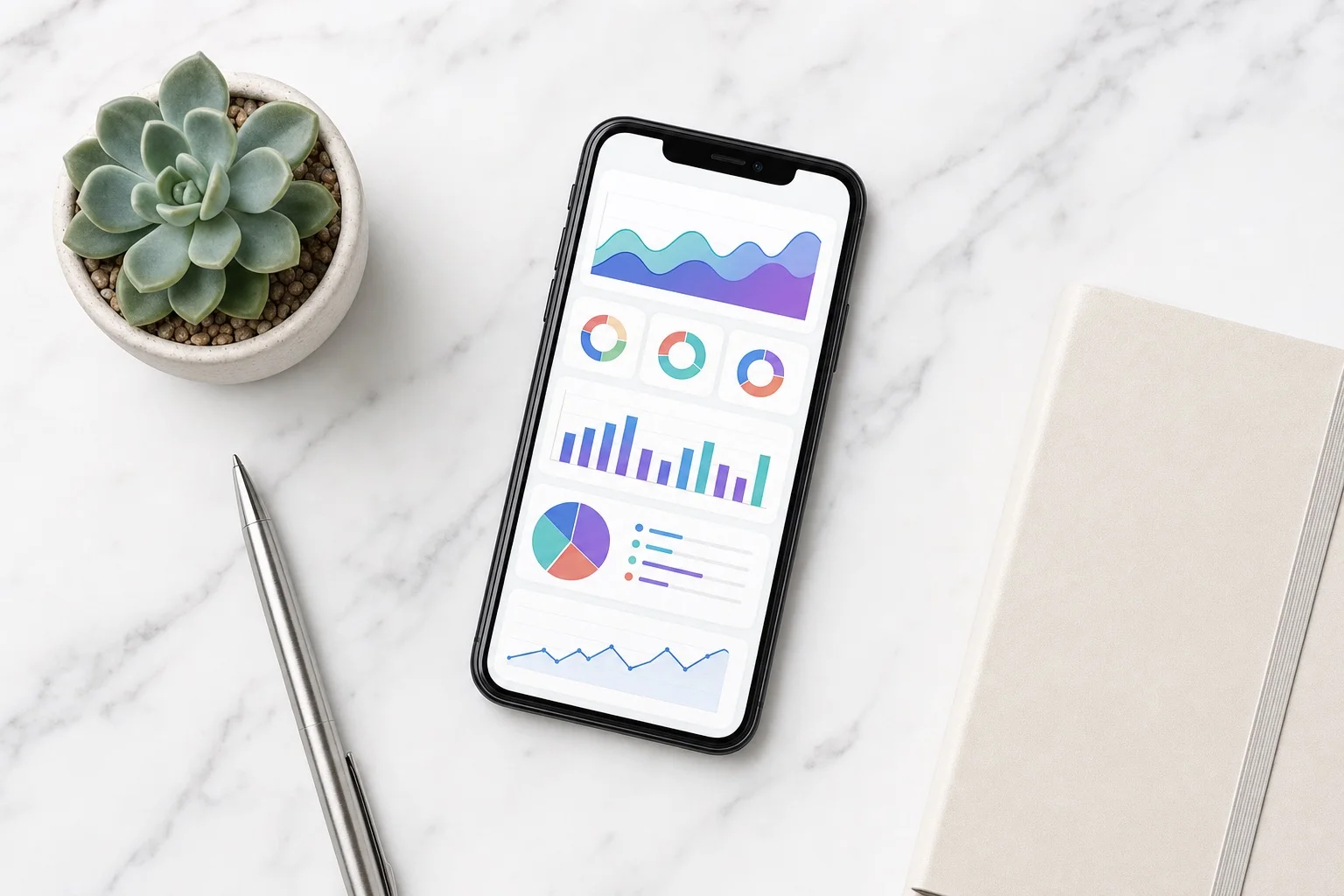 Smartphone showing colorful subscription analytics charts on a marble surface