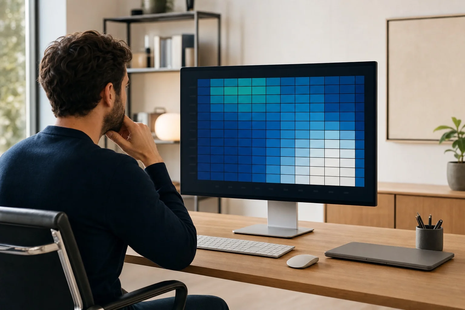 Person at a modern desk reviewing a cohort retention grid on a large monitor