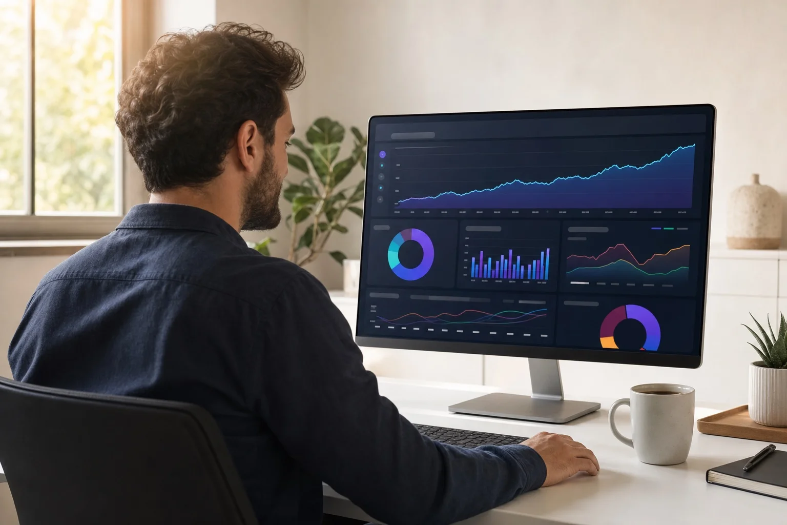 Merchant at a clean modern desk reviewing a subscription analytics dashboard on a large monitor with colorful charts