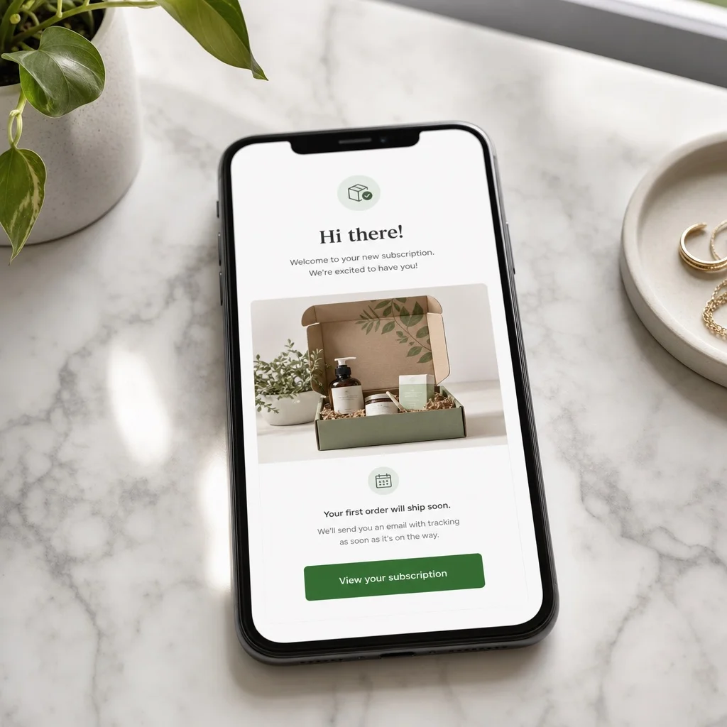 A smartphone lying flat on white marble showing a clean subscription welcome email with a warm subject line and a "View your subscription" button in green