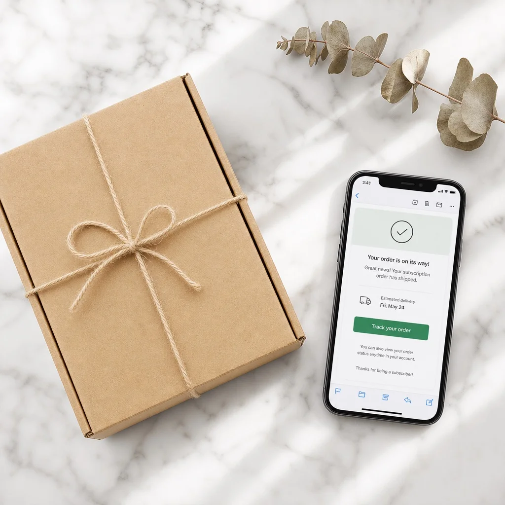 A flatlay of a kraft subscription shipping box tied with twine beside a smartphone showing a clean shipping confirmation email with a tracking button, on white marble with soft natural light