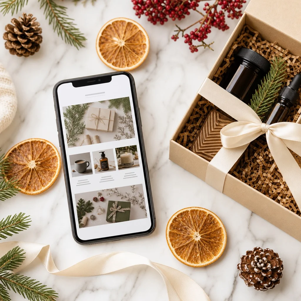 A flatlay of gift subscription marketing materials on white marble — a smartphone showing a holiday gift guide email, a small gift box with a bow, and seasonal botanical elements like pine sprigs and dried citrus