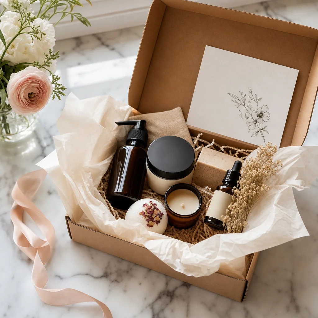 An open subscription box on white marble with a beautifully handwritten welcome gift card propped up beside premium products in tissue paper — warm natural window light, celebratory and aspirational editorial photography