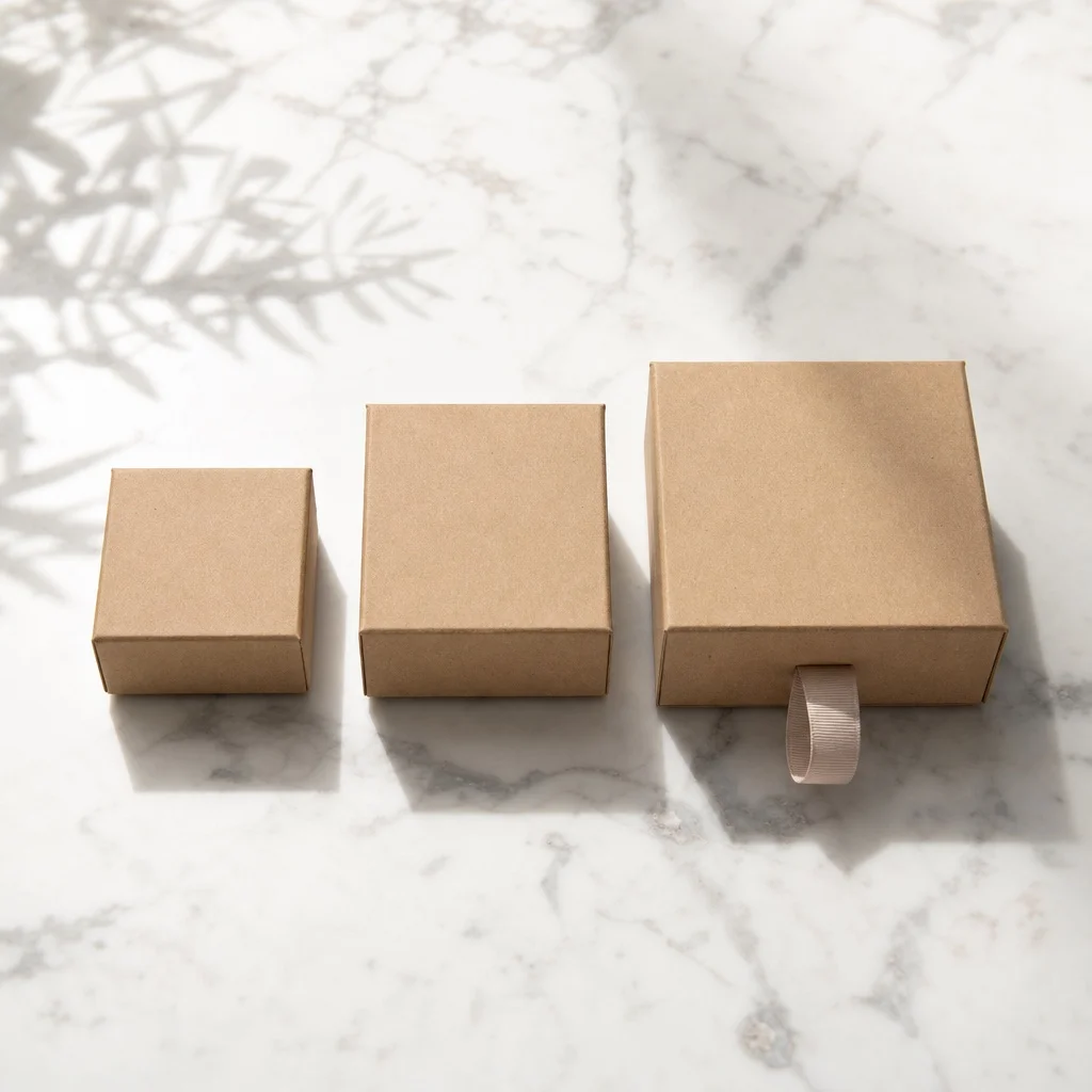 An overhead flatlay on white marble showing three small product boxes in a row — one labeled 1 month, one labeled 6 months, one labeled 12 months — with a small percentage tag hanging off the largest box, soft natural light, no readable text