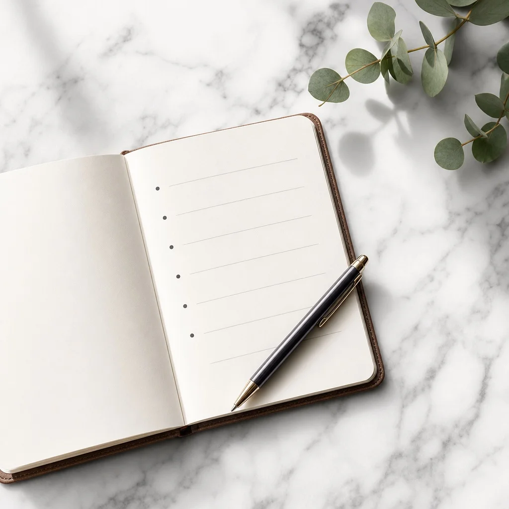 A clean overhead flatlay showing a small open notebook with a handwritten six-item list and a pen resting across the page, sprig of eucalyptus in corner, white marble, soft natural light
