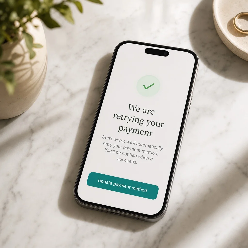 A smartphone on white marble showing a clean payment recovery notification with a green checkmark and a teal Update payment method button, warm natural light, no brand names