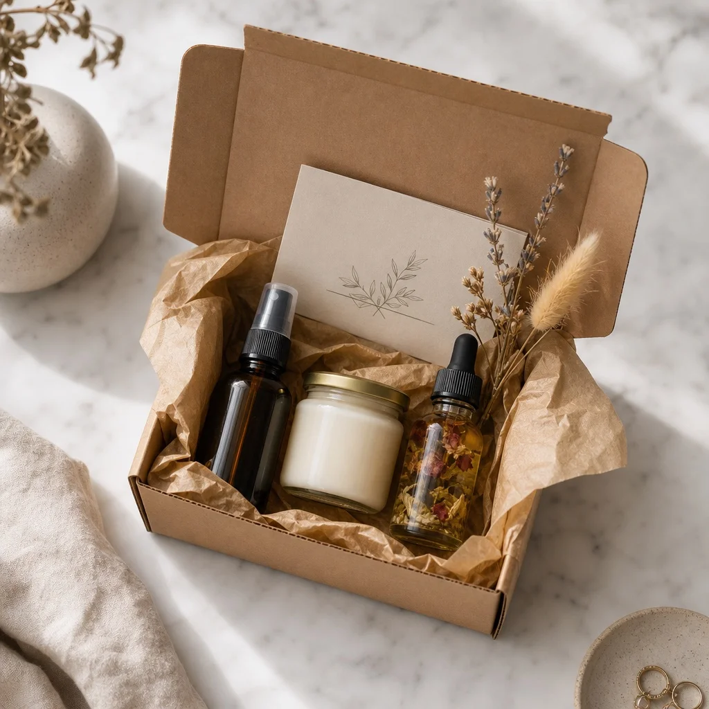 A curated subscription bundle box open and styled with three small product items in kraft tissue paper and a small gift card tucked in on white marble, soft natural window light