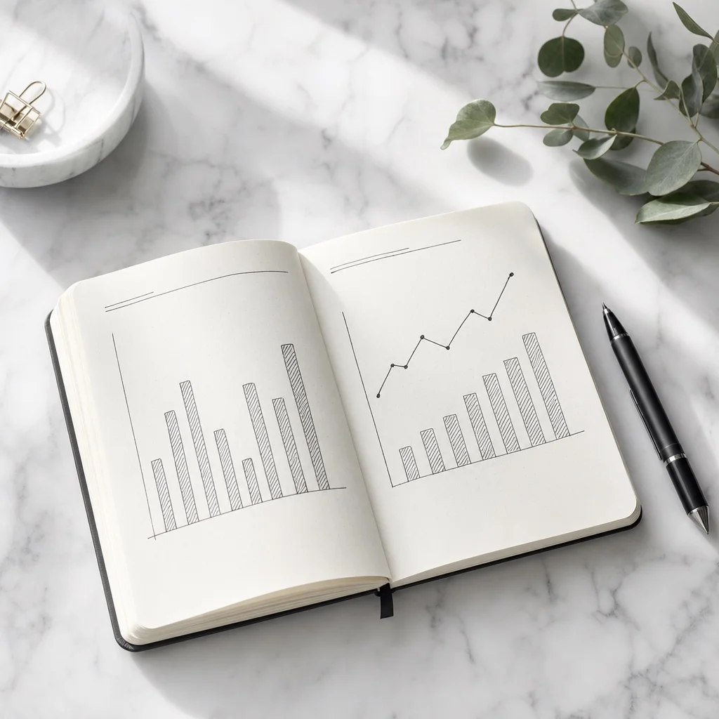 A clean editorial flatlay on white marble — an open notebook with simple hand-drawn bar charts and a line graph, a pen resting beside it, small sprig of greenery, soft natural window light, no readable numbers