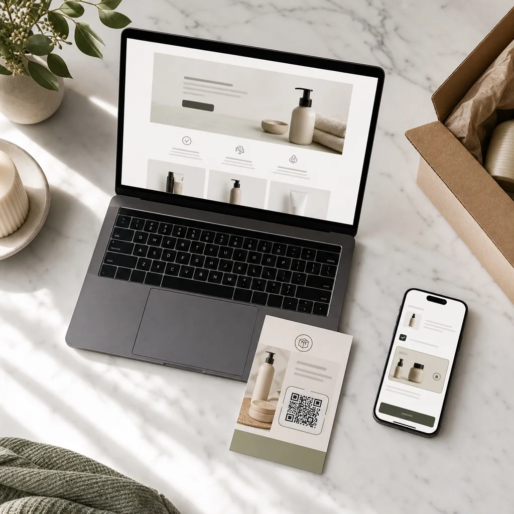An overhead flatlay of subscription marketing touchpoints — a homepage on a laptop, a packaging insert card with a QR code, and a smartphone showing a cart upsell offer — arranged on white marble with soft natural light