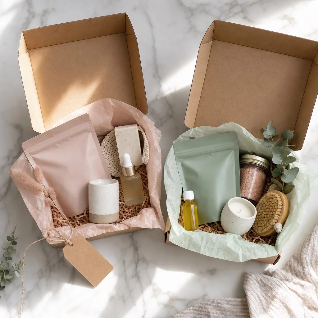 Two open subscription boxes side by side on white marble with premium lifestyle products in pastel tissue paper, one with a small gift tag tied to it suggesting a refer-a-friend reward