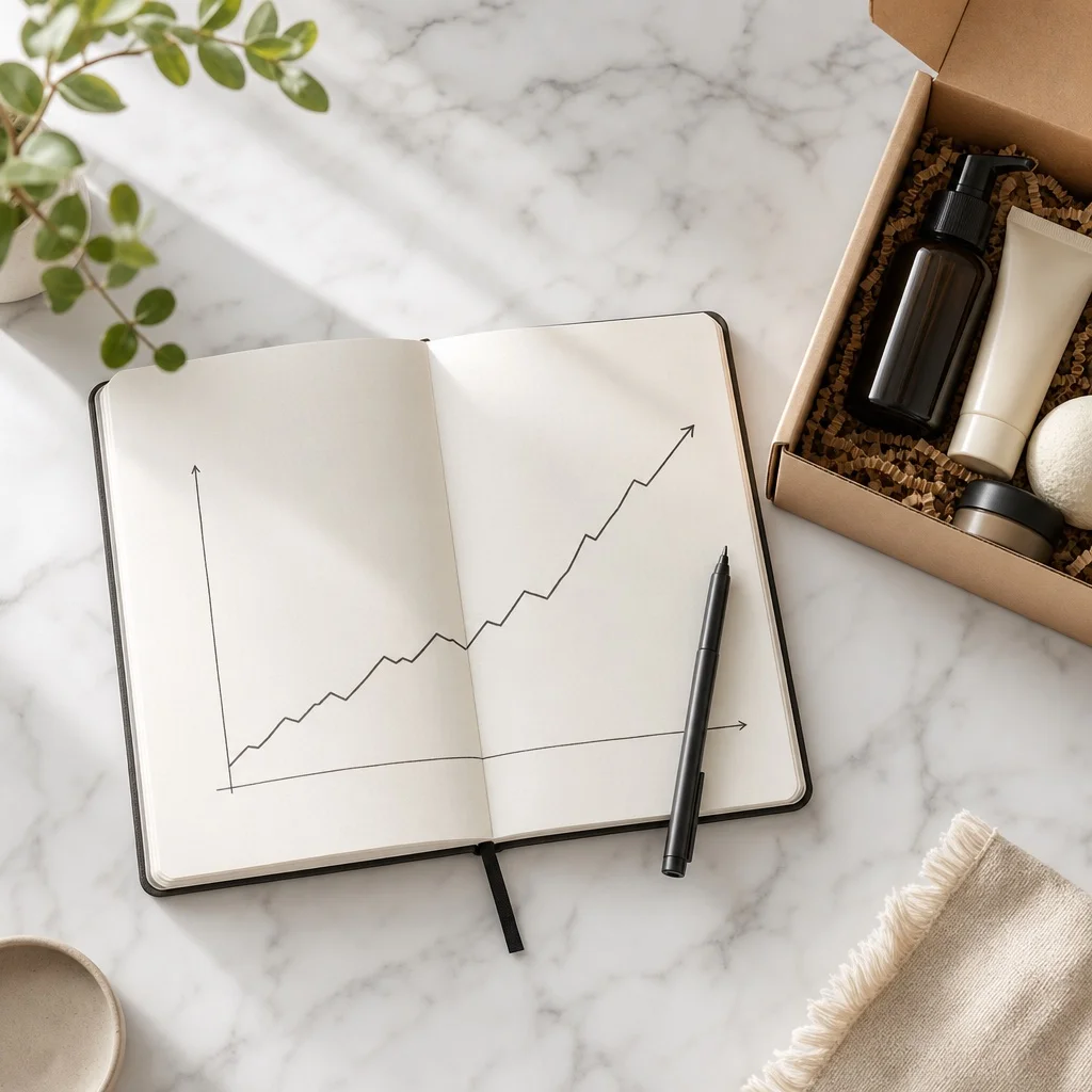 A flatlay of a subscription box merchant's desk — a notebook with a subscriber growth chart sketched by hand, a pen, and a small open subscription box beside it on white marble with soft natural window light
