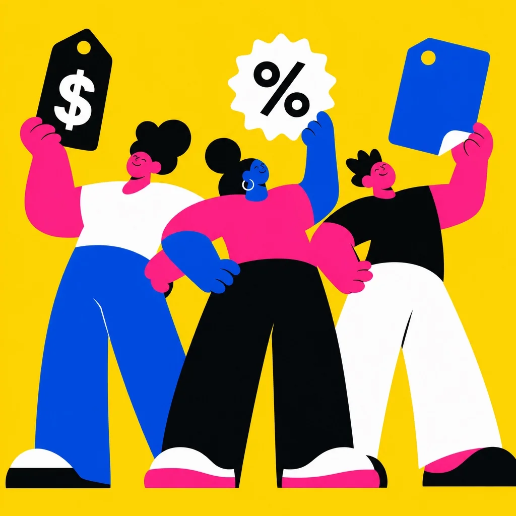 Bold illustration of three chunky abstract figures each holding a different type of price tag — a dollar sign, a percentage symbol, and a fixed price sticker — on a bright yellow background