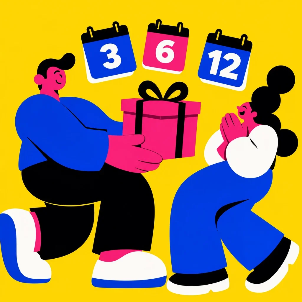 Bold illustration of a chunky abstract figure presenting a gift-wrapped subscription box to a delighted second figure, with a calendar showing 3, 6, and 12 months floating above them — bright yellow background