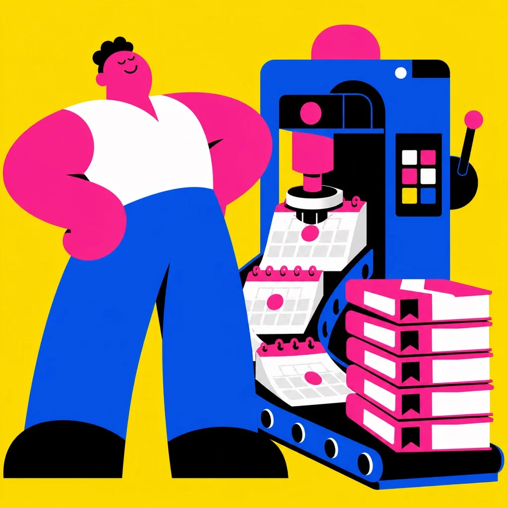 Bold illustration of a chunky abstract figure standing confidently next to a giant automatic billing machine that stamps calendar dates and generates stacked orders on a conveyor belt — bright yellow background