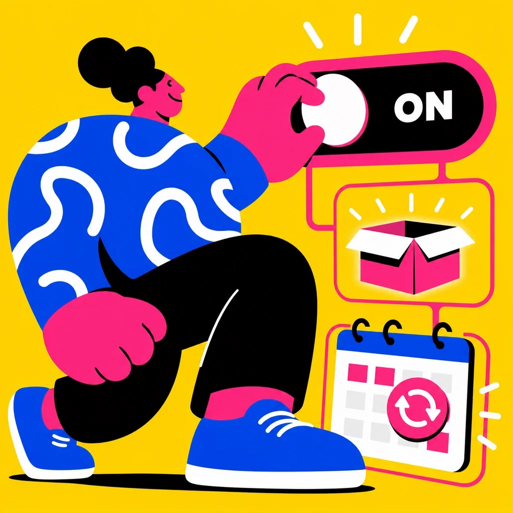 Bold illustration of a chunky abstract figure dramatically flipping a giant ON toggle switch with a subscription box and billing calendar lighting up on the wall behind them — bright yellow background