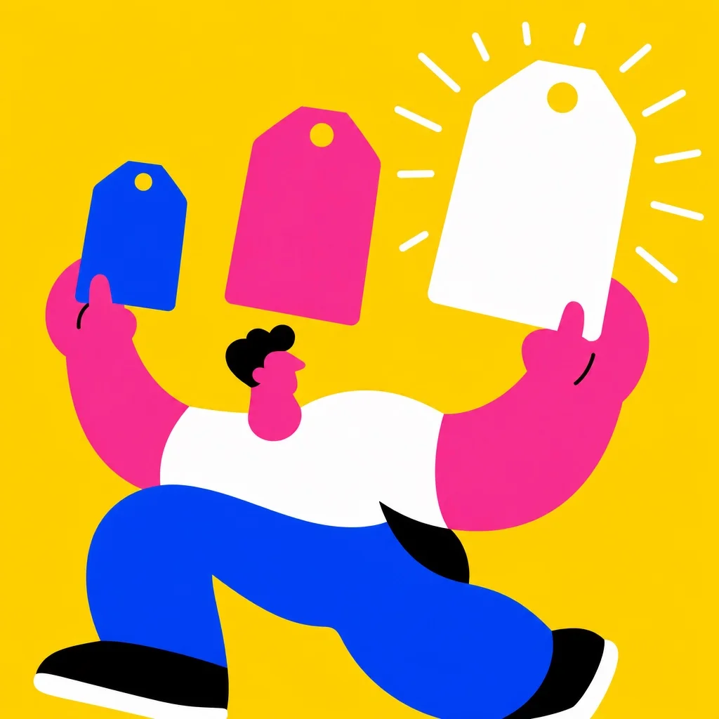 Bold illustration of a chunky abstract figure holding up three large price tags of different sizes — monthly, quarterly, and annual — the largest annual tag glowing brightly as the clear best choice — bright yellow background