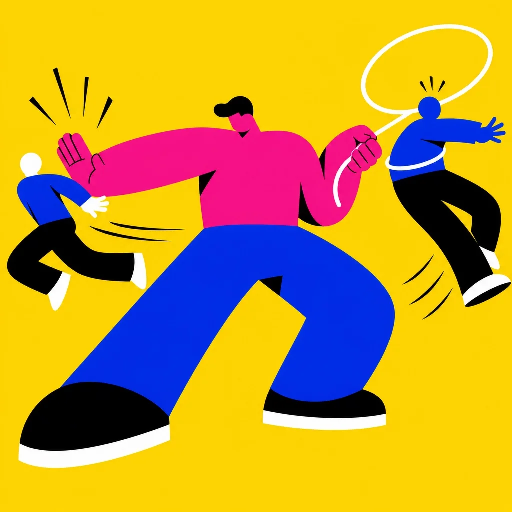 Bold illustration of a chunky abstract figure with outstretched arms keeping one subscriber from drifting away while a lasso pulls back a second subscriber on the other side — bright yellow background