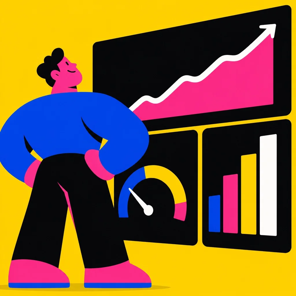 Bold illustration of a chunky abstract figure looking up at a giant wall dashboard showing MRR climbing, churn dials pointing low, and LTV bars growing — the figure looks pleased and confident — bright yellow background