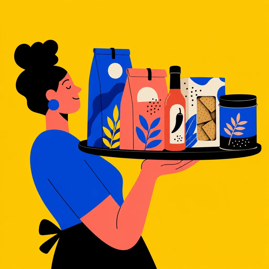An overhead flatlay on white marble of a food and drink subscription box spread — specialty coffee bags, a hot sauce bottle, artisan crackers, a small bitters bottle, and dried mushrooms arranged around an open subscription box — soft natural window light, no brand names