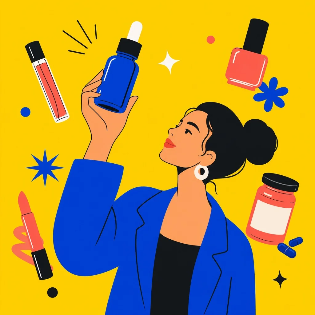 An overhead flatlay on white marble of a beauty and wellness subscription box — a skincare serum, a fragrance sample vial, a nail polish bottle, supplement capsules in a small jar, and a lip product — soft natural window light, editorial product photography, no brand names