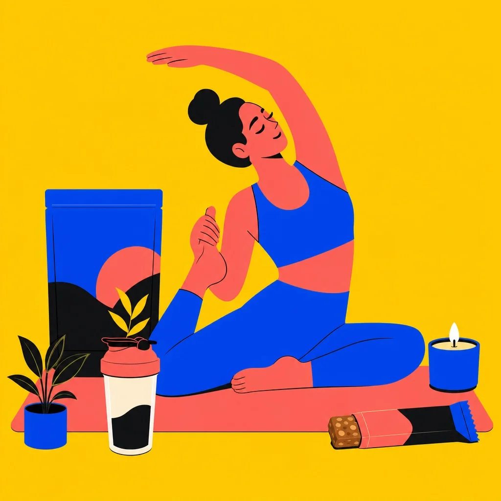 An overhead flatlay on white marble of a fitness and home subscription box spread — a small supplement pouch, a trail snack bar, a candle, a small plant cutting in a pot, and a yoga block — soft natural window light, lifestyle editorial photography, no brand names