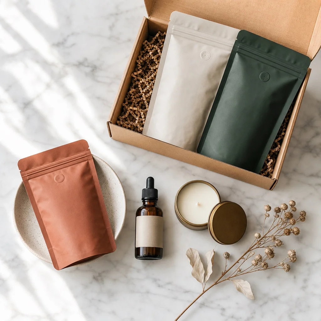 A flatlay overhead on white marble of niche subscription box products — specialty coffee bags, a skincare serum, a candle — arranged as a curated identity collection, soft natural window light, editorial photography, no brand names