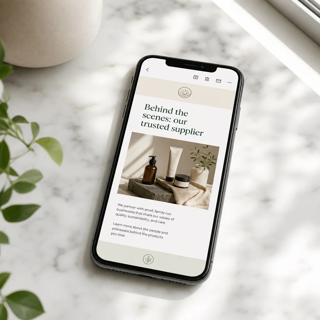 A smartphone lying on white marble showing a clean subscription brand email with a behind-the-scenes supplier story and a product photo — editorial minimal email design, soft natural window light, no brand names, no people