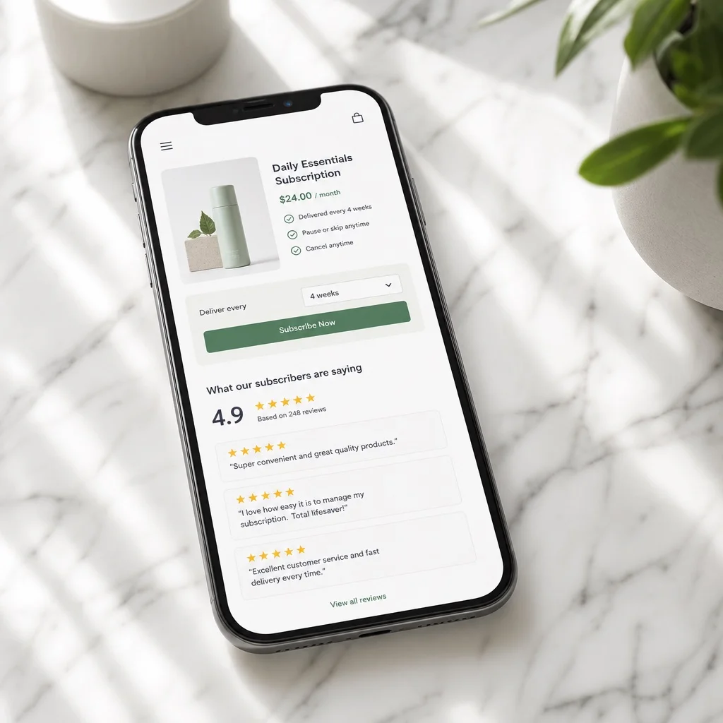 A smartphone on white marble showing a clean subscription product page section with five-star subscriber reviews displayed — editorial minimal UI, soft natural window light, no brand names, no people